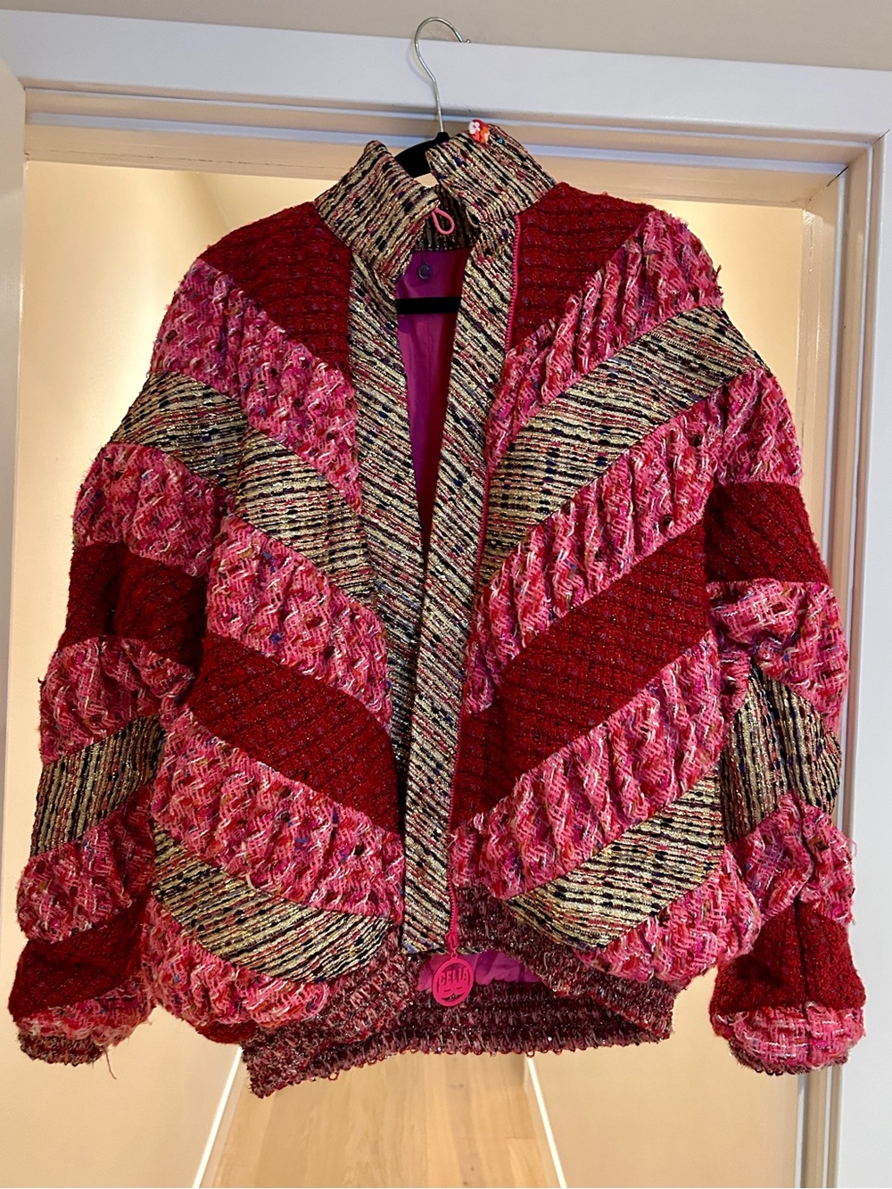 Celia B Multi-Texture Chevron Knit Statement Jacket - Pink & Gold Metallic